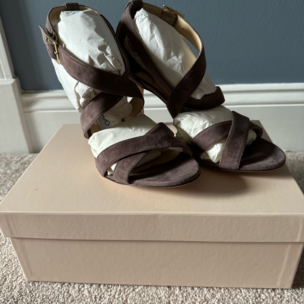 Jimmy Choo Louise Strappy sandal in taupe suede. Size 38.5